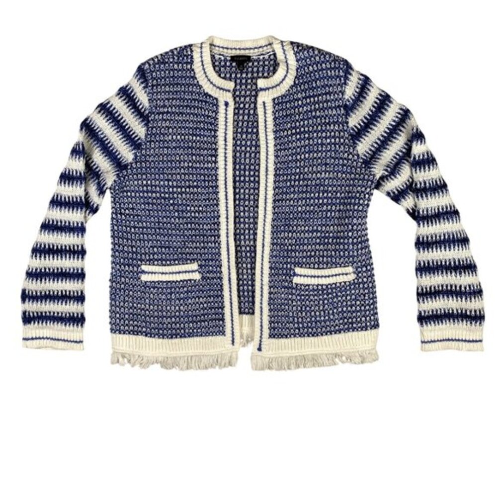 Talbots Womens Blue & Cream Striped Knit Cardigan Sweater With Fringe Hem Size M